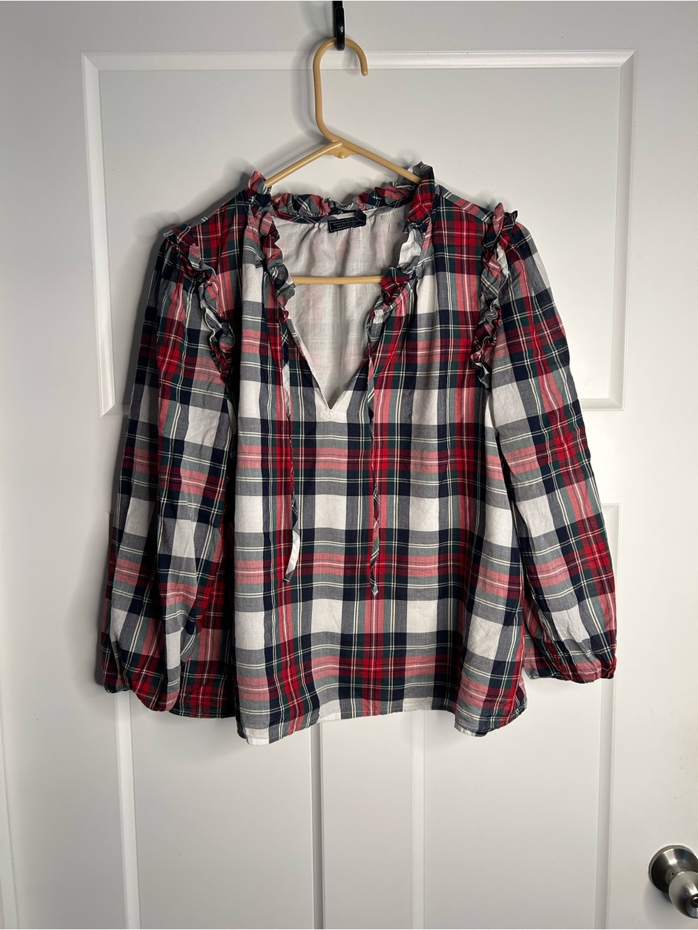 Vineyard Vines Women’s Large Long Sleeve Plaid Blouse Ruffle Collar Holiday 1106